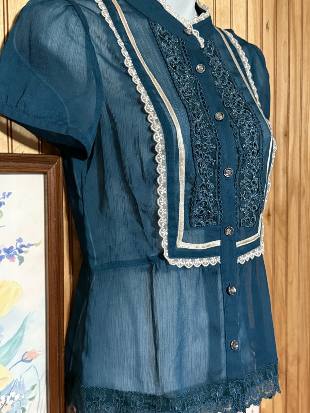 Victorian Teal Lace Bib Front Blouse •Size S• Sheer Chiffon Rhinestone Buttons - Picture 13 of 16